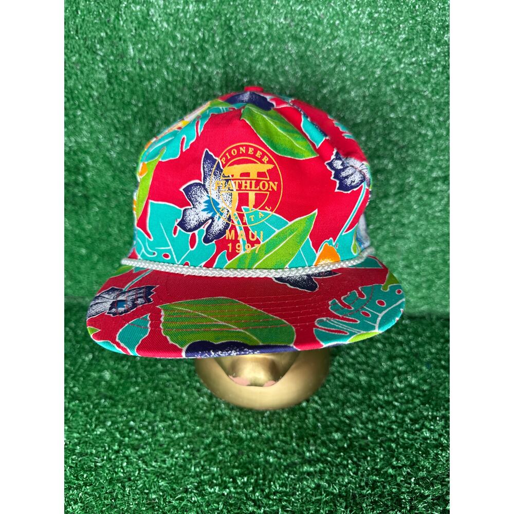 Vtg Pioneer Piathlon Digital Maui Trucker Hat-Red Hawaiian 90s SnapbackRope Bill